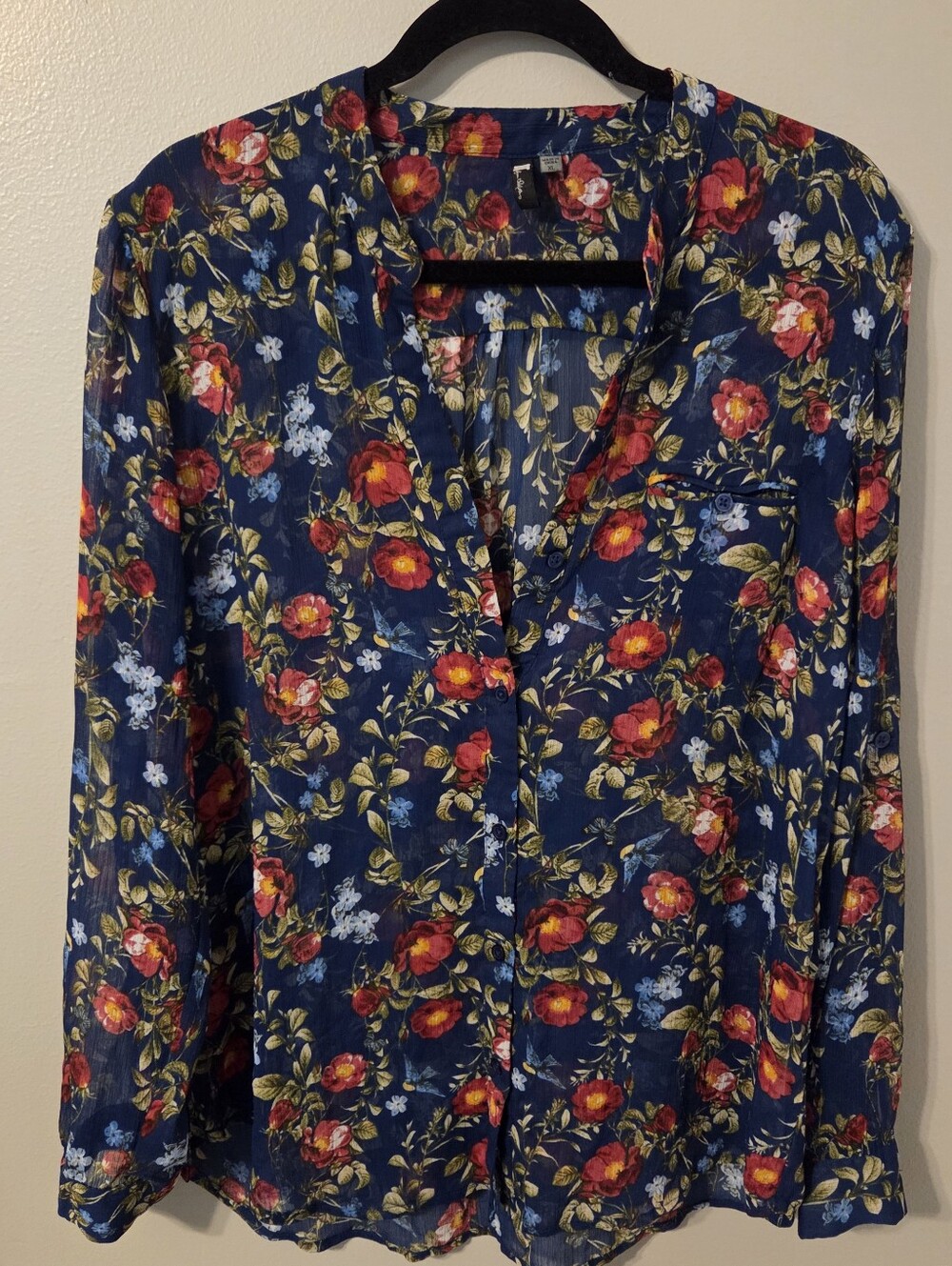Kut From The Kloth Women's Blue Semi Sheer Floral Fairy Button Shirt Blouse XL